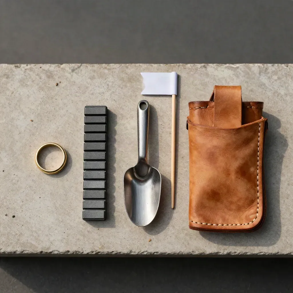 Flach von oben: Ring, Metallschaufel, Suchspule und Ledertasche auf Beton.