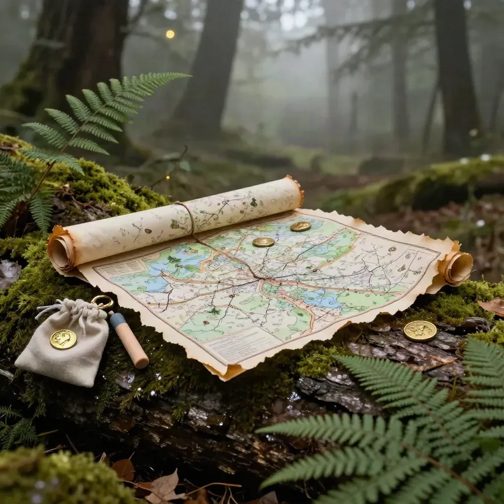 Schatzkarte, Kreidestifte und Bronzemarken auf einem moosigen Stamm im Wald