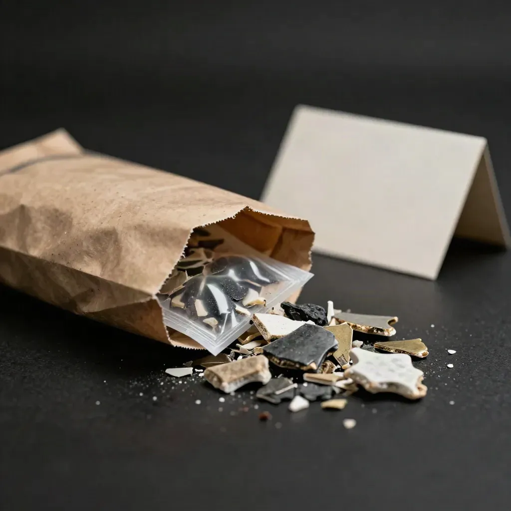 Offenes Relikt-Paket mit Scherben und Probenbeutel im dunklen Studio mit Goldlicht.