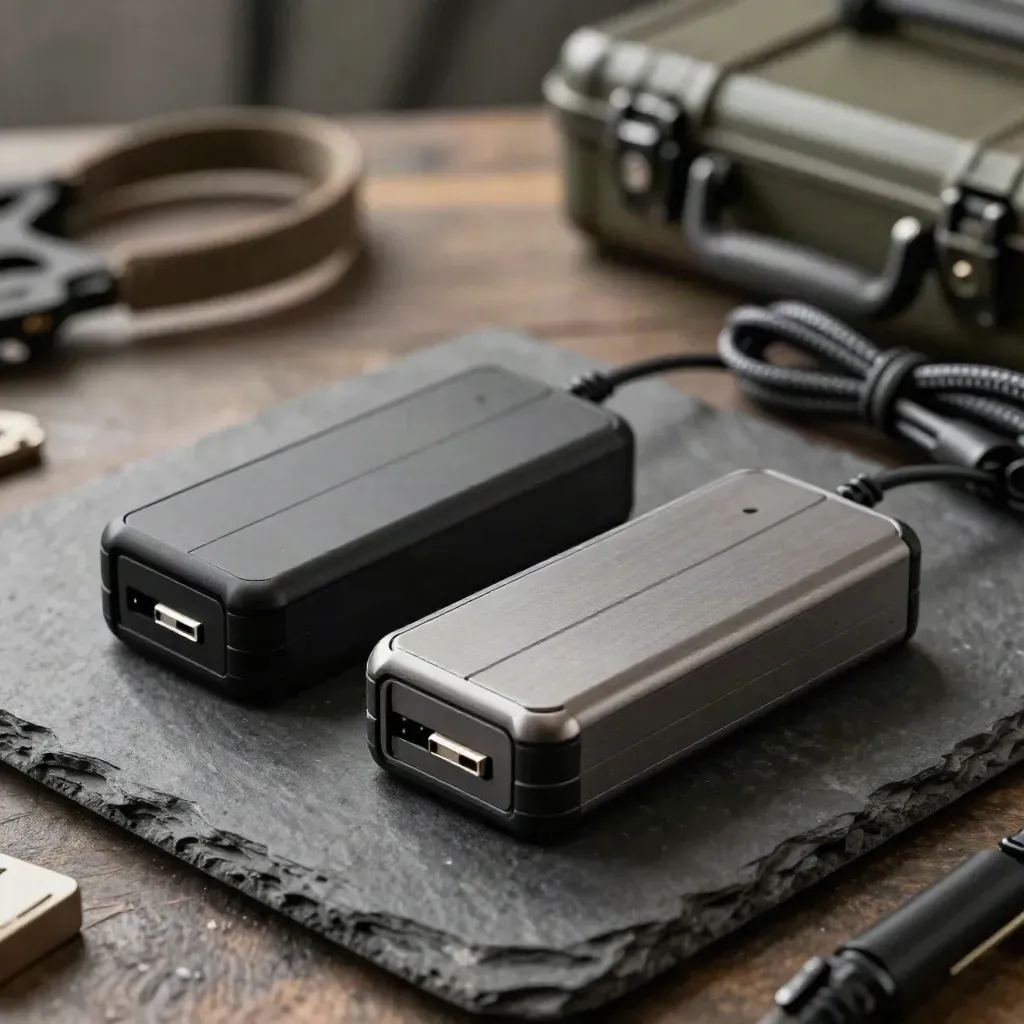 Zwei Akku-Packs mit Ladehalter und Kabel auf dunkler Schieferplatte.