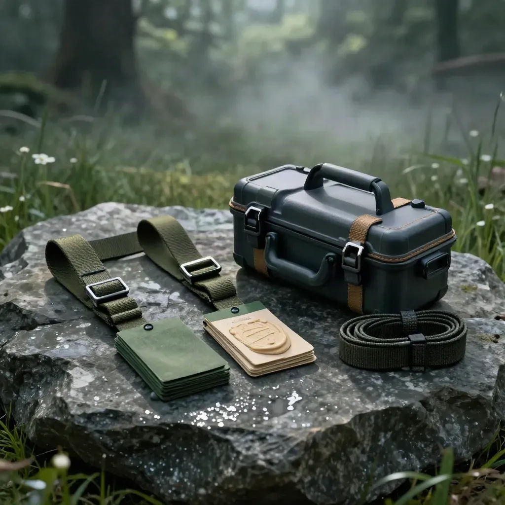 Gruppen-Treasure-Hunt-Kit mit Gurten, Markern und Transportkoffer im weichen Tageslicht.